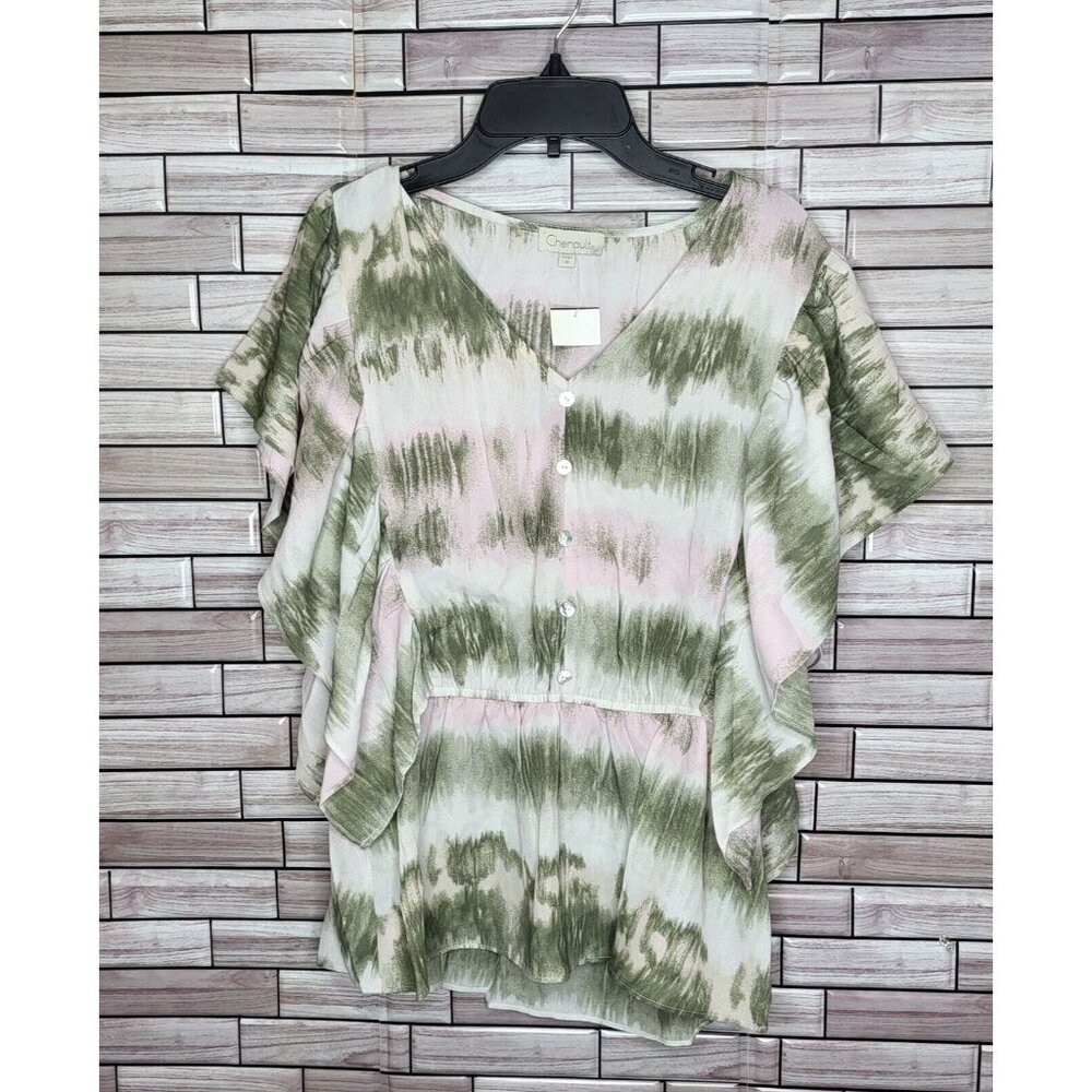 New Chenault Women's‎ Blouse Size Medium Top Semi-Sheer Butterfly Sleeve Pink